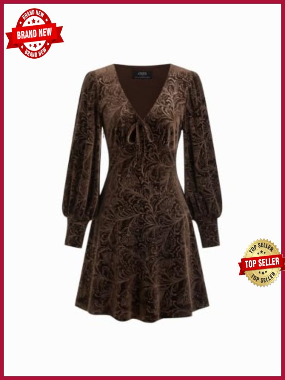 Velvet Floral Mini Dress V Neck Tie Front Puff Long Sleeve
